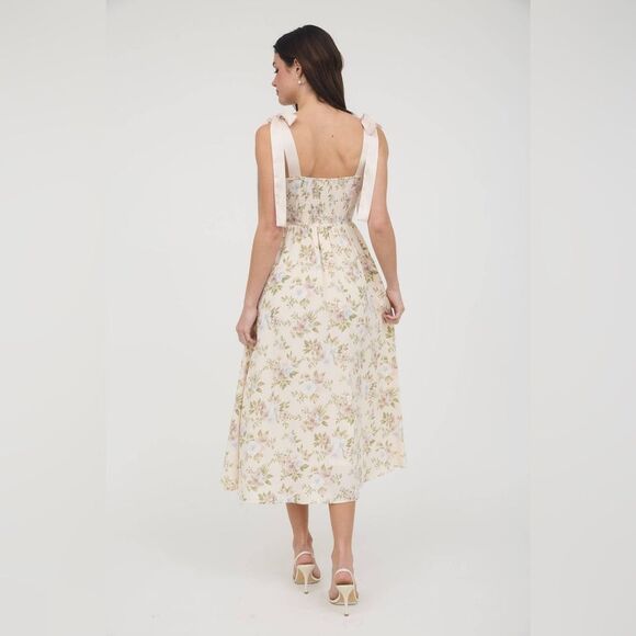 Mine Floral Corset Satin Tie Strap Cottagecore Regency Picnic Midi Dress Large - Picture 3 of 9